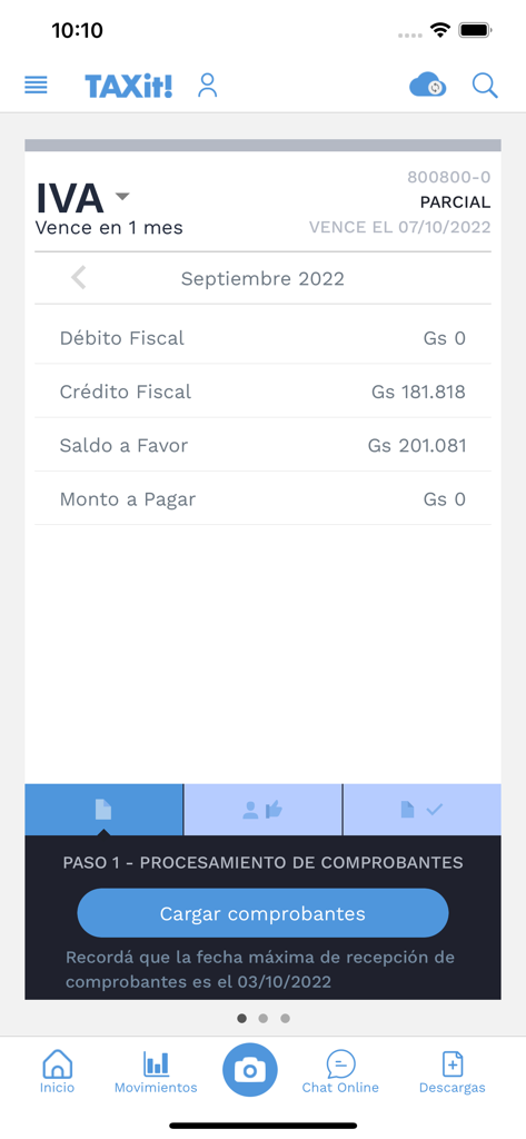 TAXit! - Interface of the TAXit app showing a summary of IVA taxes with fiscal credit and balance details