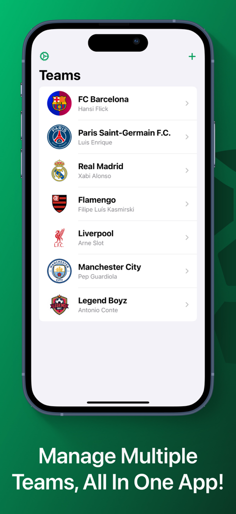 Una interfaz móvil de Soccer Line Up Builder 11 que muestra una lista de equipos de fútbol gestionados como el Barcelona y el Real Madrid