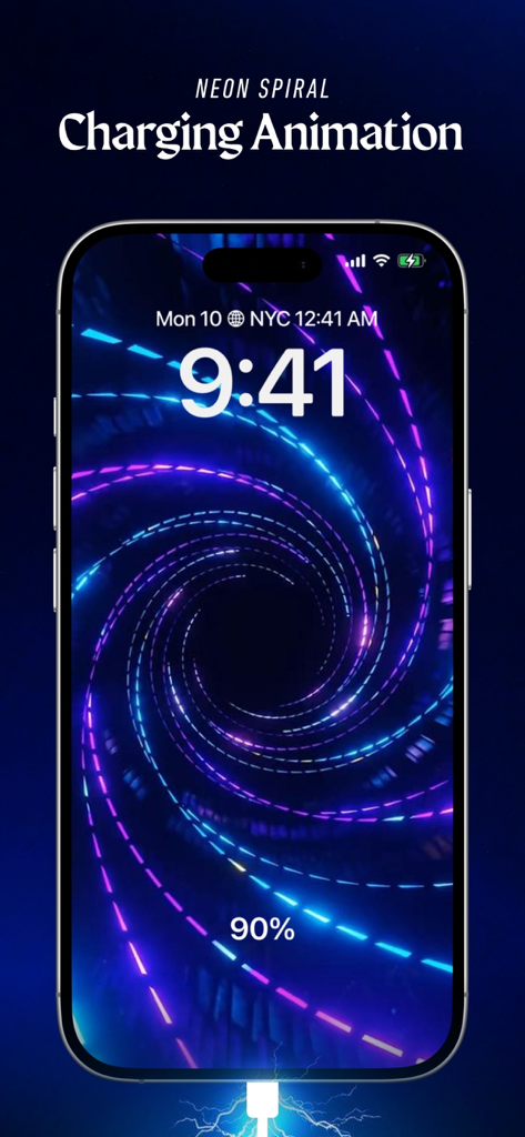 Charging Animation - Chimomo - Tela do iPhone apresentando uma animação de carregamento de espiral neon roxa e azul e status de bateria noventa por cento