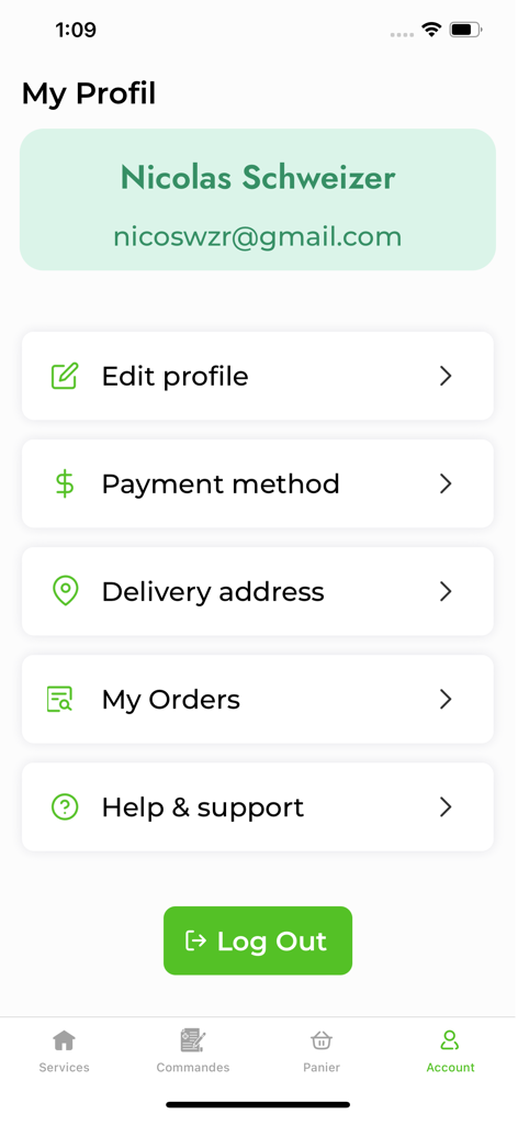 Pharmao - Livraison pharmacie - Pharmao app user profile interface displaying options for editing profile, payment methods, and delivery address.
