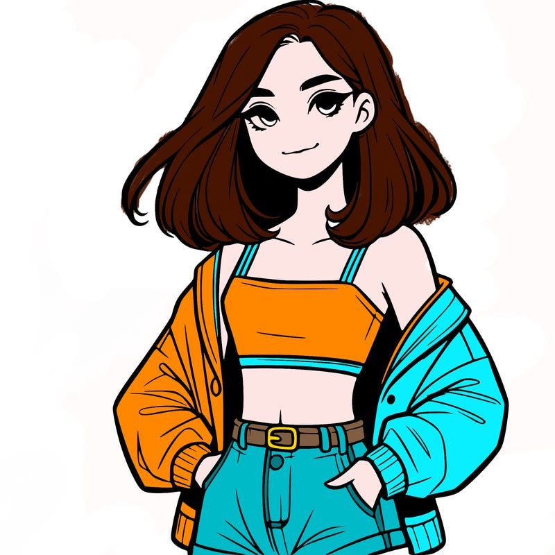 a realistic girl with a crop top and short shorts in an open jacket
