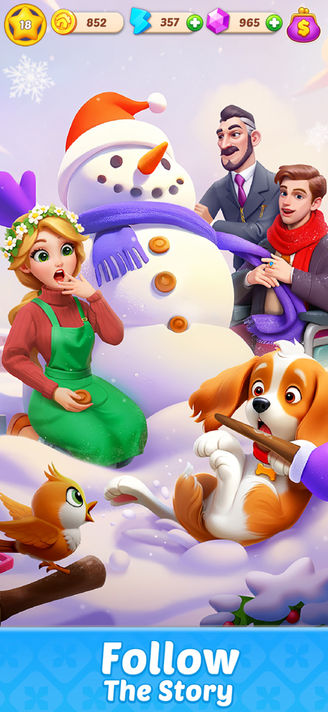 Happy Merge House - Characters and a dog gathered around a snowman in a winter story scene.