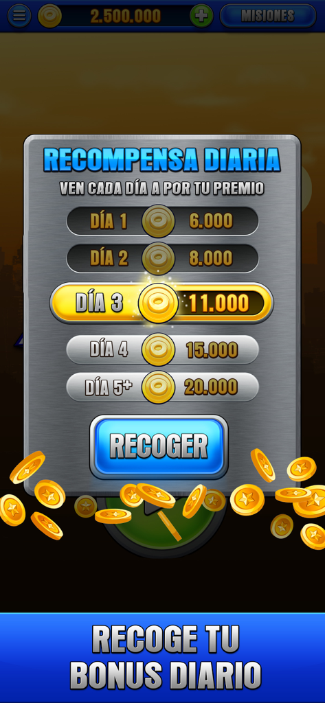 FBI Academy - Tragaperras Bar - FBI Academy daily reward screen showing coin bonuses for consecutive logins