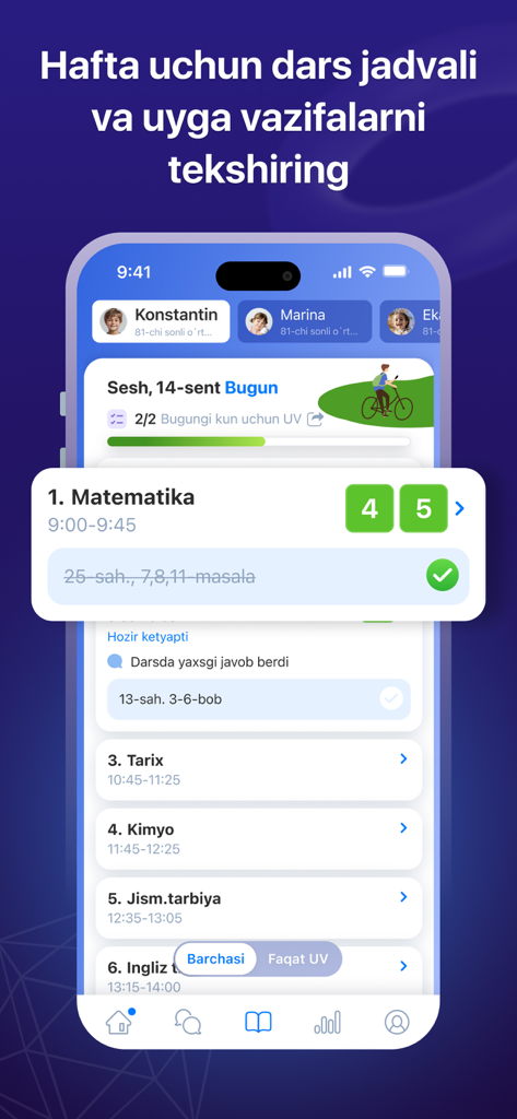 eMaktab.Oila - Interface of eMaktab.Oila app displaying a student's school schedule and completed homework.