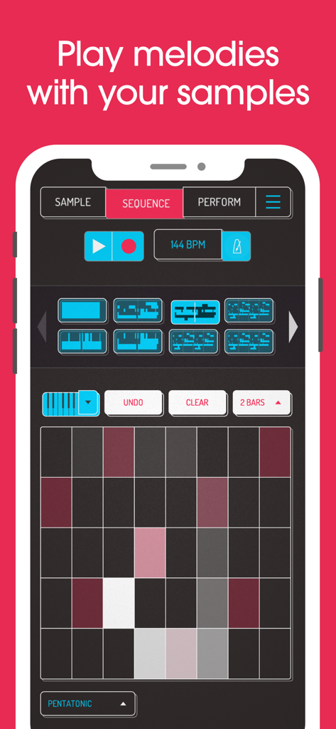 Interface of Koala Sampler app on iPhone showing the sequence section to play melodies