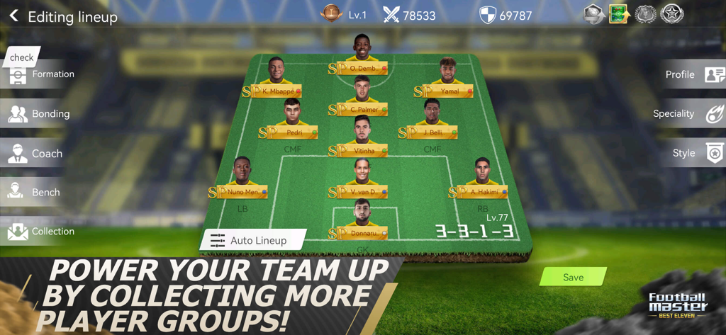 Football Master soccer lineup editing screen showing a 3-3-1-3 team formation with famous players