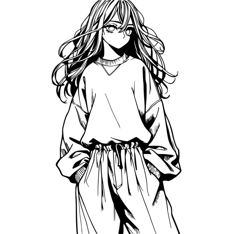 a realistic manga girl with a sweatshirt and wide pants