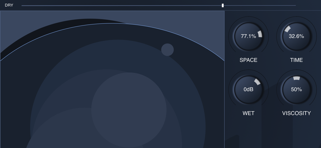 ab vortEx X - Minimalist interface of the ab vortEx X music app showing dials for Space Time Wet and Viscosity