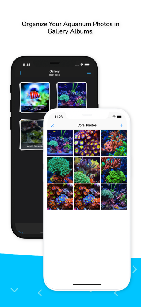 Aquarimate - Aquarimate mobile app displaying organized aquarium photo albums and a gallery of colorful coral images.