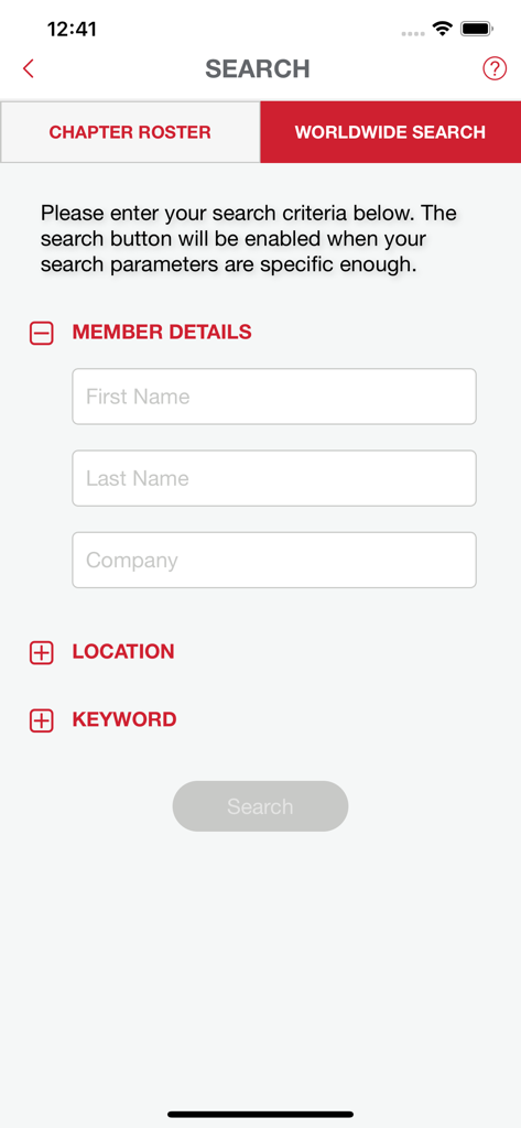 BNI Connect® Mobile - The worldwide member search screen in the BNI Connect Mobile app with input fields for name and company.