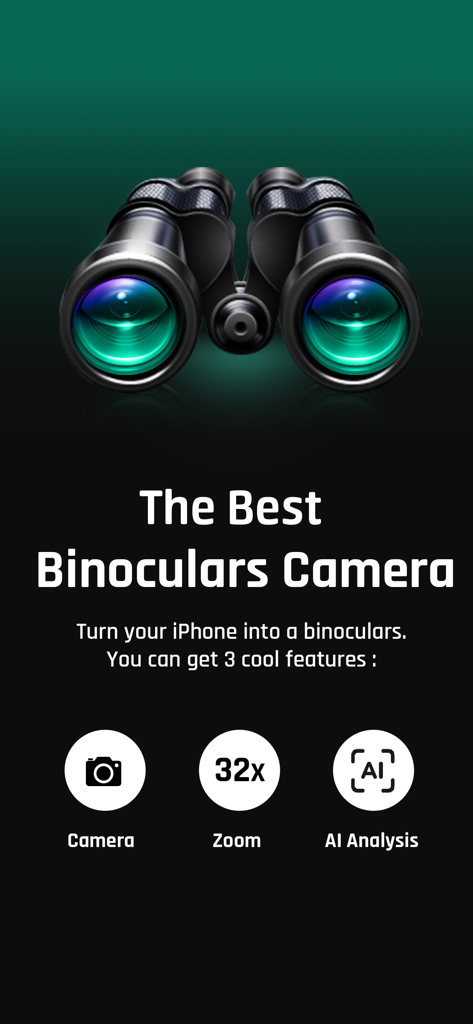Binoculars Shoot Zoom Camera - 双眼鏡撮影ズームカメラアプリのインターフェース。32倍ズームやAI分析などの機能が強調されています。