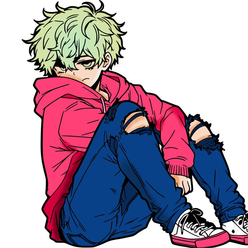 a male hoddie ripped jeans messy hair anime