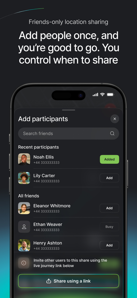 eta: Share ETAs & Journeys - Interfaccia per aggiungere amici e condividere un link di viaggio nell'app eta
