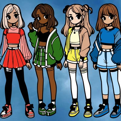 one girl with crop-top shirt and a jacket with a skirt, long socks and another girl with a shirt and pants with a jacket