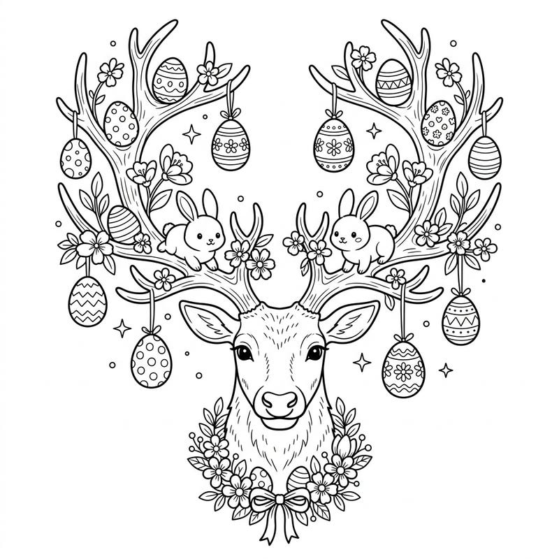 Unleash your creativity with this unique Easter Reindeer Antlers coloring page, blending seasonal joy with woodland charm. Adorned with delightful eggs, cute bunnies, and spring blossoms, it offers a wonderfully intricate design for all ages.