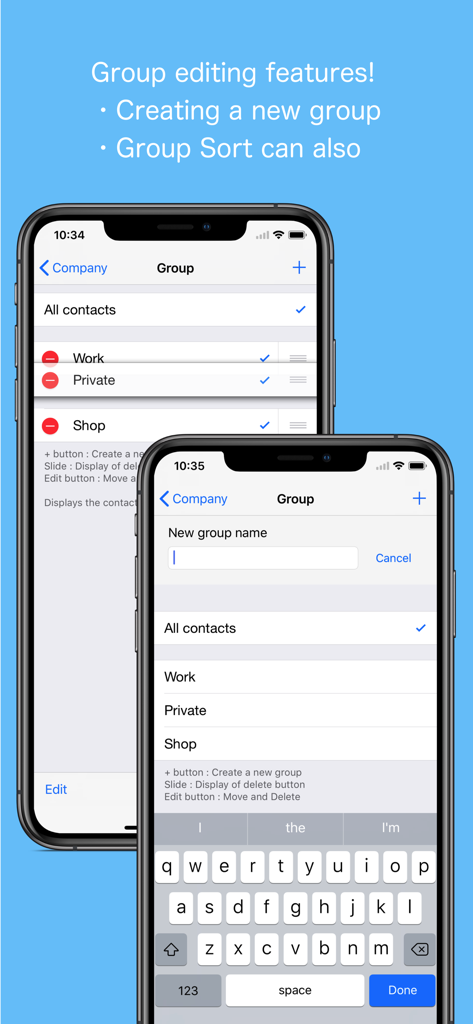 iPhone-Bildschirme, die die Gruppenbearbeitungsfunktionen der TEL plus PRO App zur Kontaktorganisation anzeigen