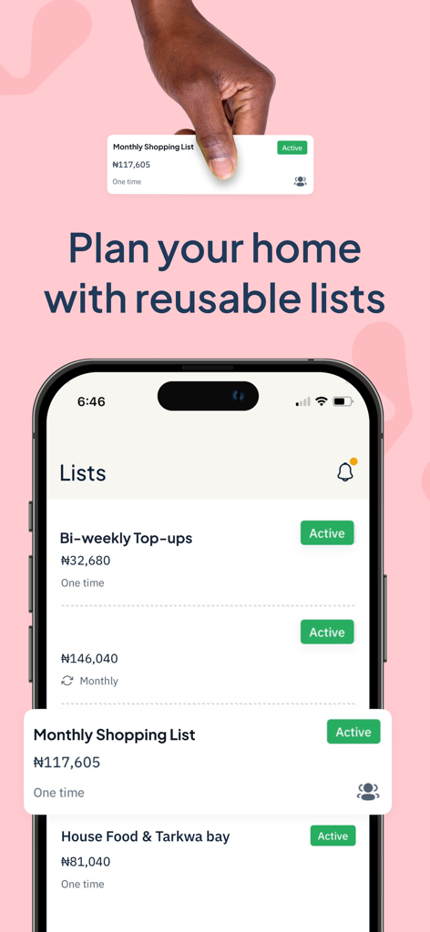 GoLemon: Grocery & Essentials - Mobile interface of GoLemon app showing multiple reusable shopping lists for home planning.