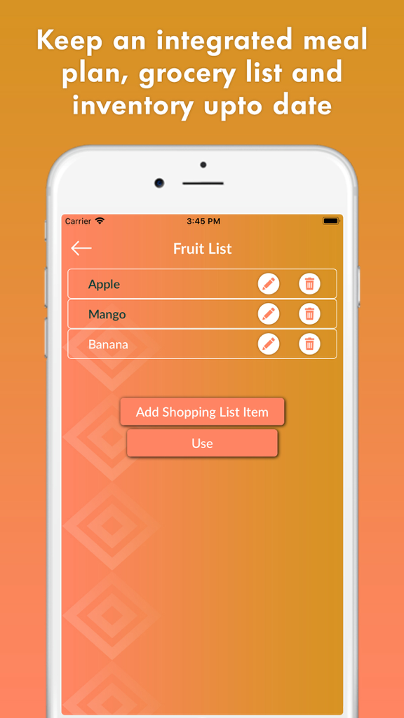 Interface of the Meal Planner app displaying a fruit inventory list including apple, mango, and banana.