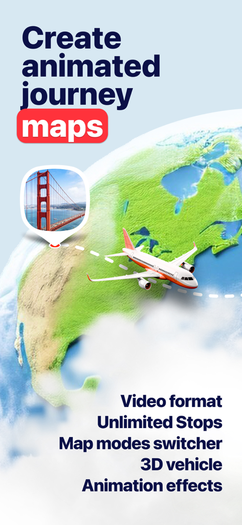 Travel Route, Journey Boast - 3D-Flugzeug fliegt über eine animierte Weltkarte zur Erstellung von Reisevideos