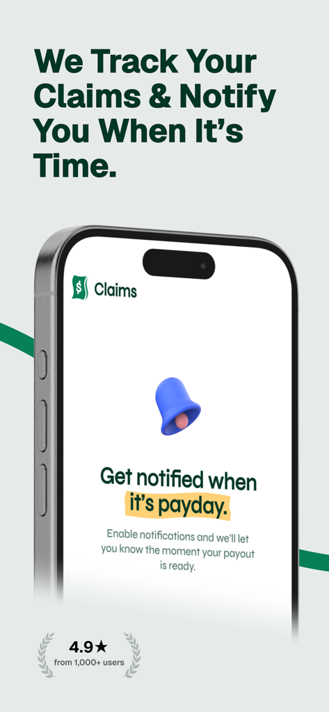 Claims: Claim your money - 集団訴訟の和解金に関する payday notification alerts の情報と青いベルのアイコンが表示されたClaimsアプリのインターフェースのスクリーンショット