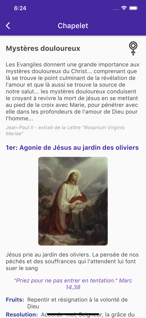 The Conversio app interface displaying the Sorrowful Mysteries of the Rosary with religious reflections and artwork.
