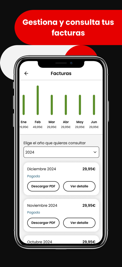 Mi Lowi - Interface of Mi Lowi app showing a monthly invoice history with a bar chart and downloadable PDF receipts