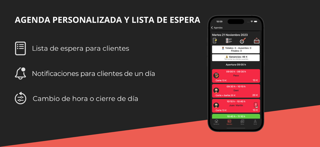GoBarber Pro mobile app screen showing personalized agenda and waitlist features for barbers.
