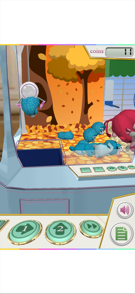 A virtual claw machine lifting a cute blue plush animal in the game Claw Crane Little Pets.