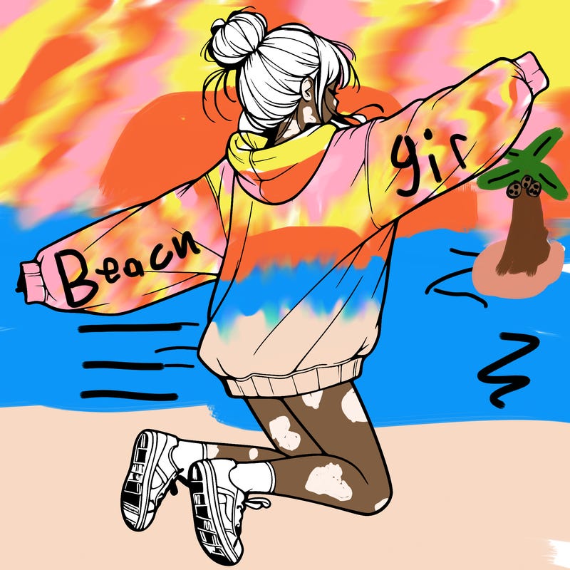 realistic girl jumping with a bun and oversized sweatshirt