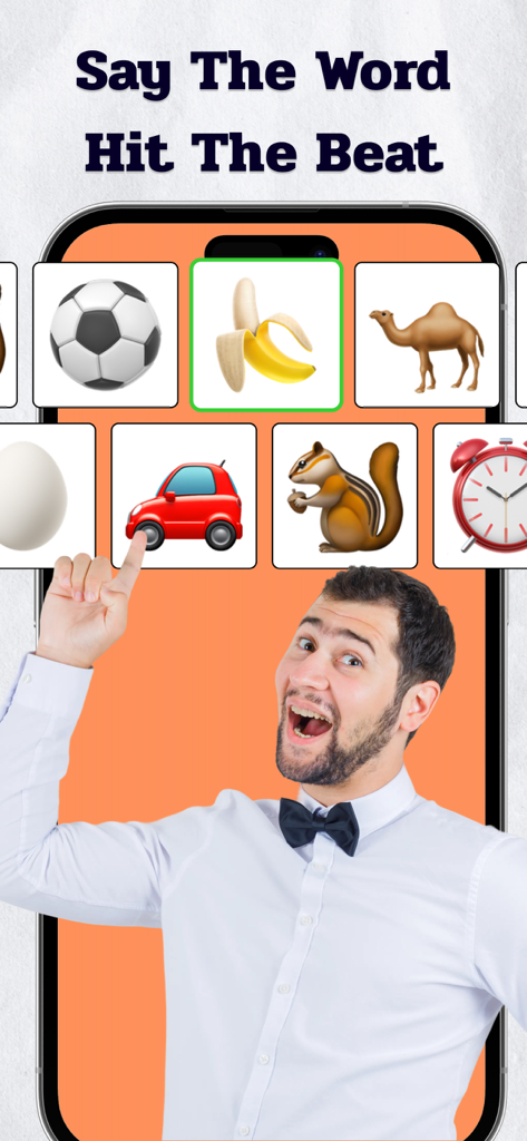 A man pointing at icons in the Say The Word On Beat mobile game