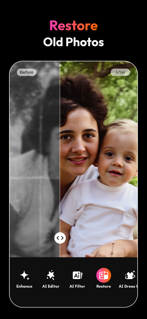 PicMa: AI Photo & Video Editor - Comparación de antes y después de una foto antigua en blanco y negro restaurada y coloreada usando PicMa IA