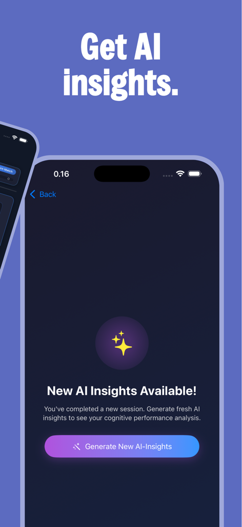 Pantalla de smartphone que muestra la aplicación CerebreX con una indicación para generar información sobre el rendimiento cognitivo impulsada por IA