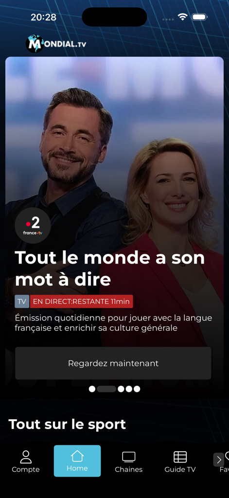 Interface de l'application Mondial TV sur iPhone montrant l'émission française en direct Tout le monde a son mot à dire