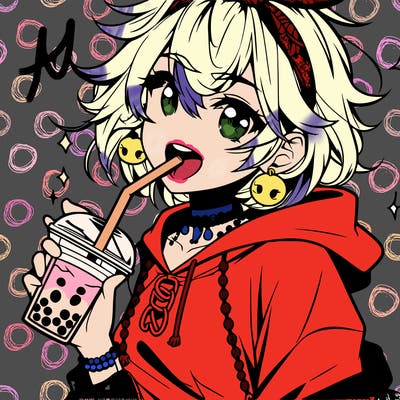 hot baddie anime girl drinking boba and biting the straw
