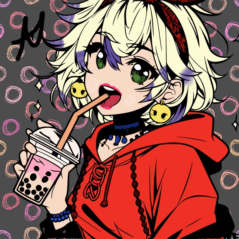 hot baddie anime girl drinking boba and biting the straw