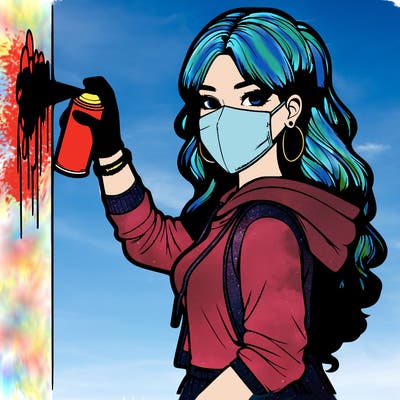 realistic girl with mask spray painting a wall