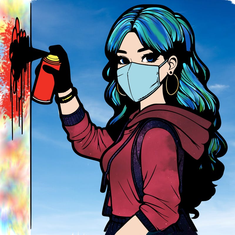 realistic girl with mask spray painting a wall