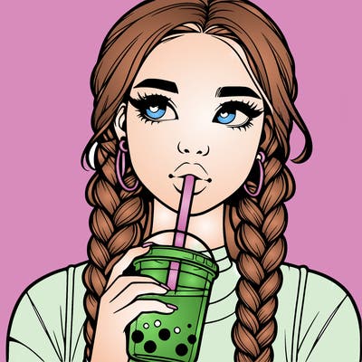 realistic girl with braided hair drinking boba