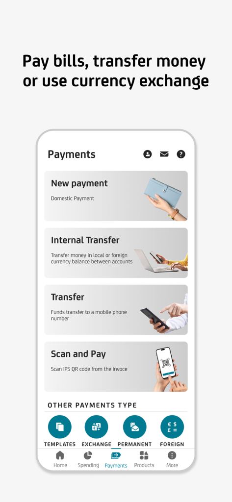 mBanking - Payments interface of the UniCredit Bank Serbia mBanking mobile app showing transfer and scan and pay options