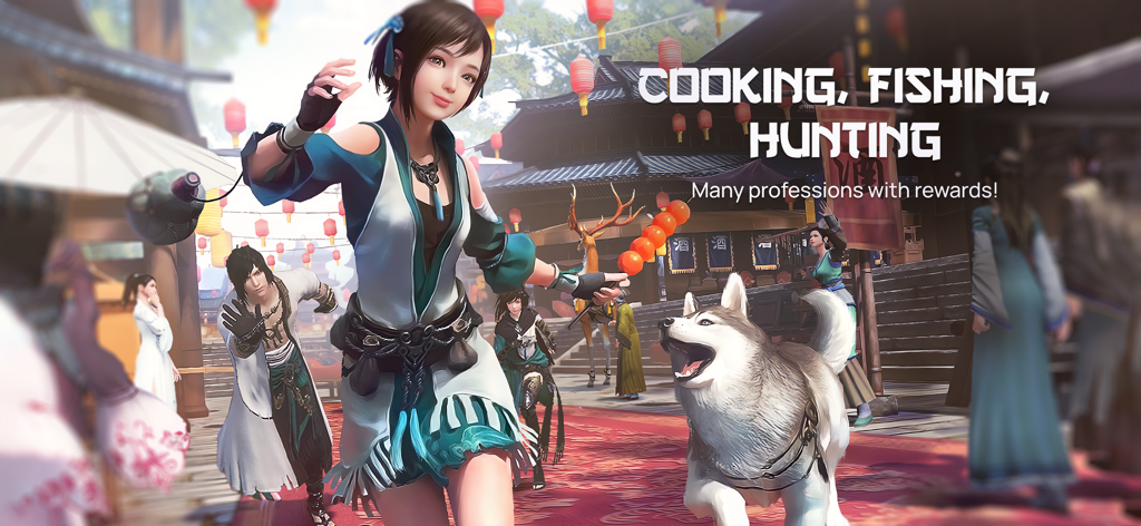 A character and a dog in a traditional Chinese market promoting life skills like cooking and fishing in Moonlight Blade