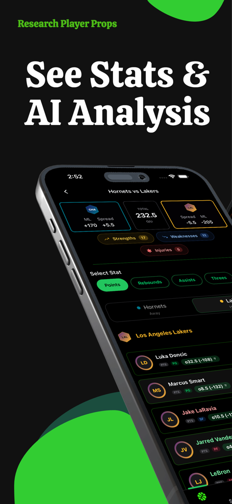 Interfaccia dell'app Stat Pick che mostra proposte sui giocatori NBA e analisi delle scommesse sportive basate sull'IA per un abbinamento.
