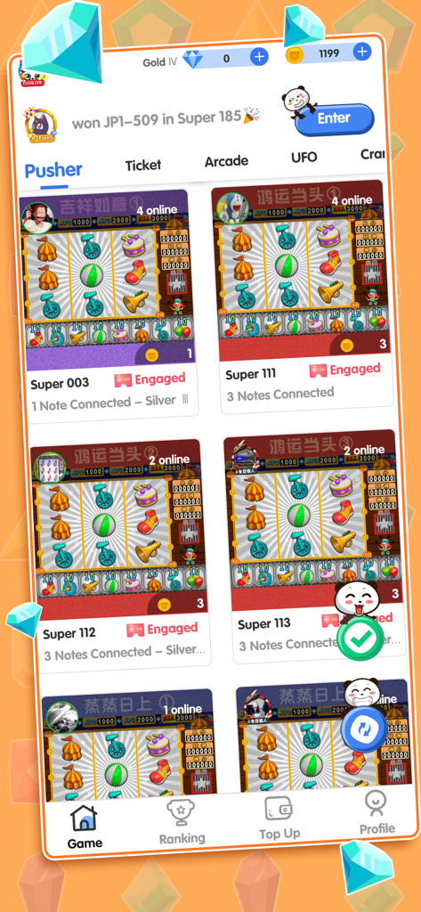 Main menu of the Coin Machine app displaying a grid of live social casino and coin pusher machines