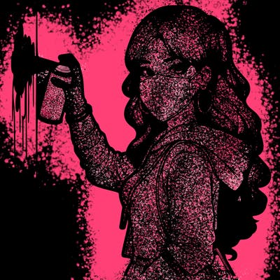 realistic girl with mask spray painting a wall