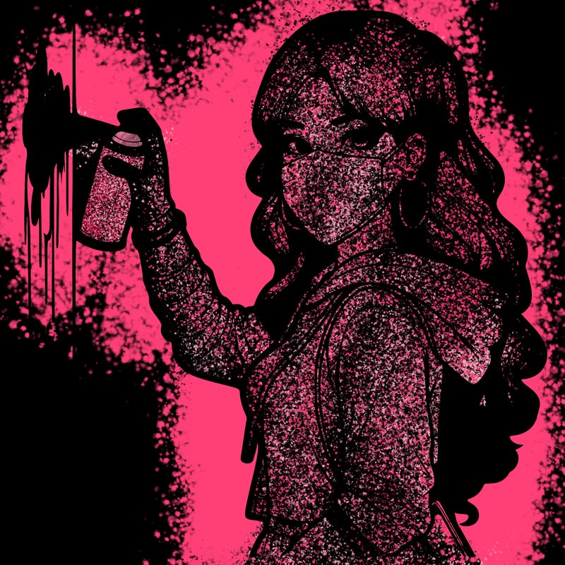 realistic girl with mask spray painting a wall