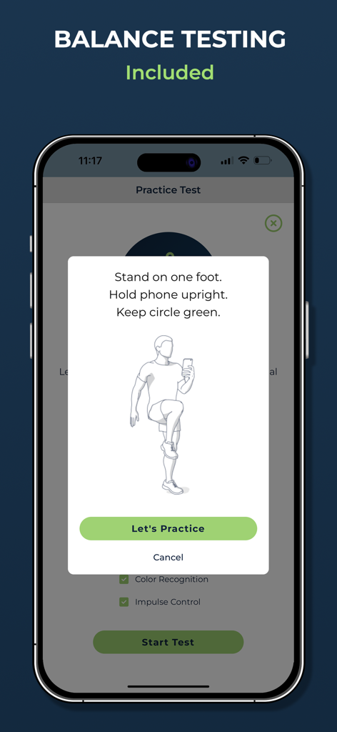 HitCheck: Cognitive Assessment - Screenshot der HitCheck-App, der Anweisungen für einen Gleichgewichtstest als Teil einer kognitiven Bewertung zeigt.
