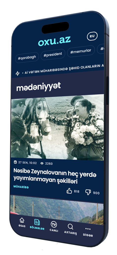 Oxu.Az Azerbaijani news app interface showing a cultural news article on a smartphone