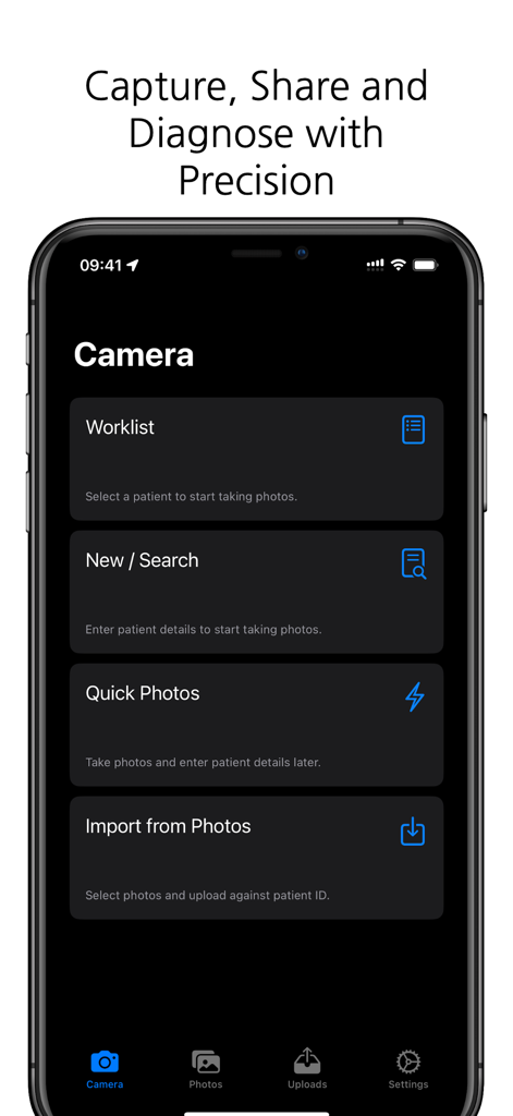 DICOM Camera - Main menu of the DICOM Camera app showing patient worklist and photo capture options for medical professionals