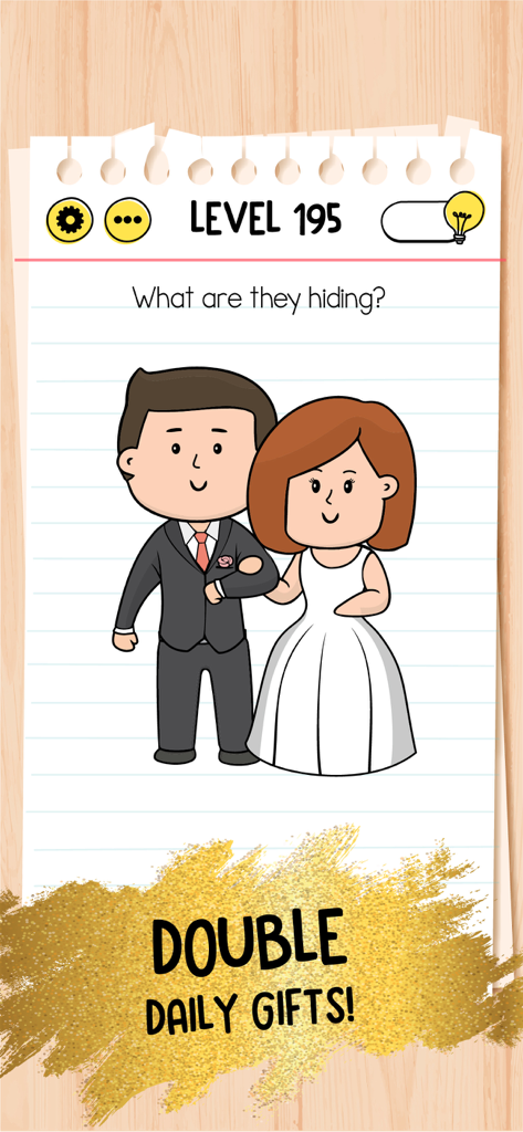 Brain Test Premium niveau 195 montrant une énigme de mariage et une promotion de cadeaux quotidiens doublés