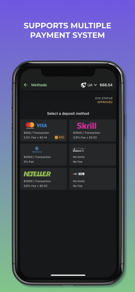 DMarket app interface showing various deposit methods like Visa Mastercard and Skrill