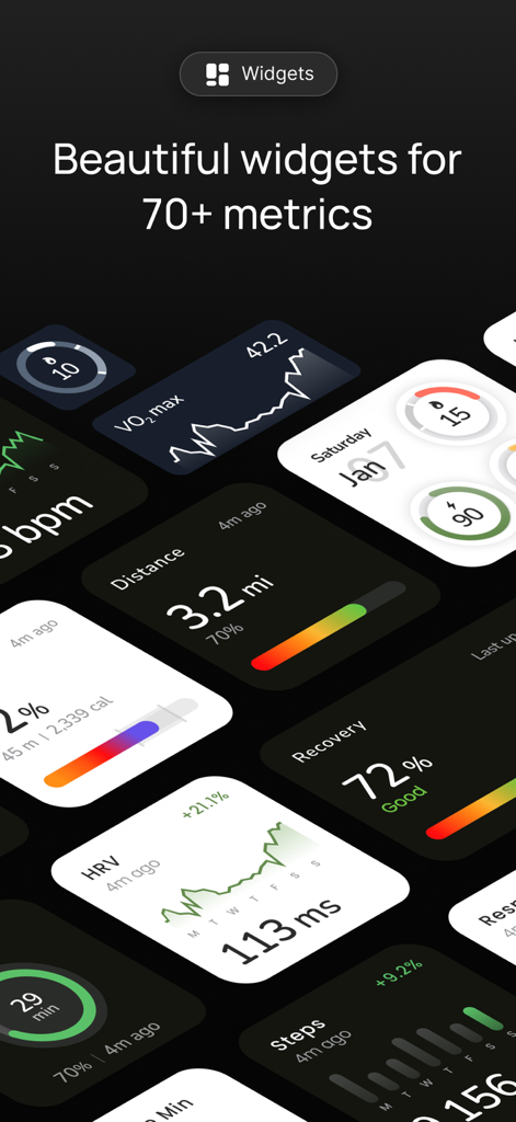 Sonar - Health & Performance - A collection of health and performance tracking widgets from the Sonar app displaying metrics like HRV recovery and steps